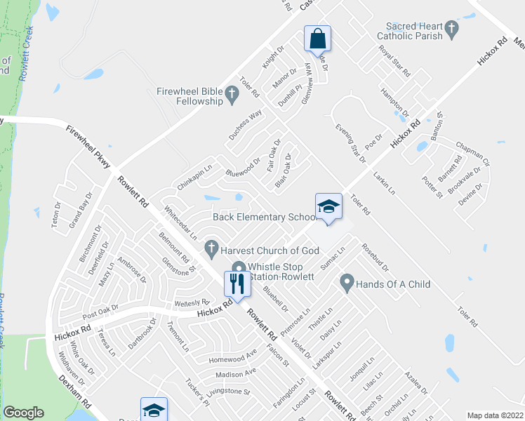 map of restaurants, bars, coffee shops, grocery stores, and more near 2899 Roughleaf Lane in Rowlett