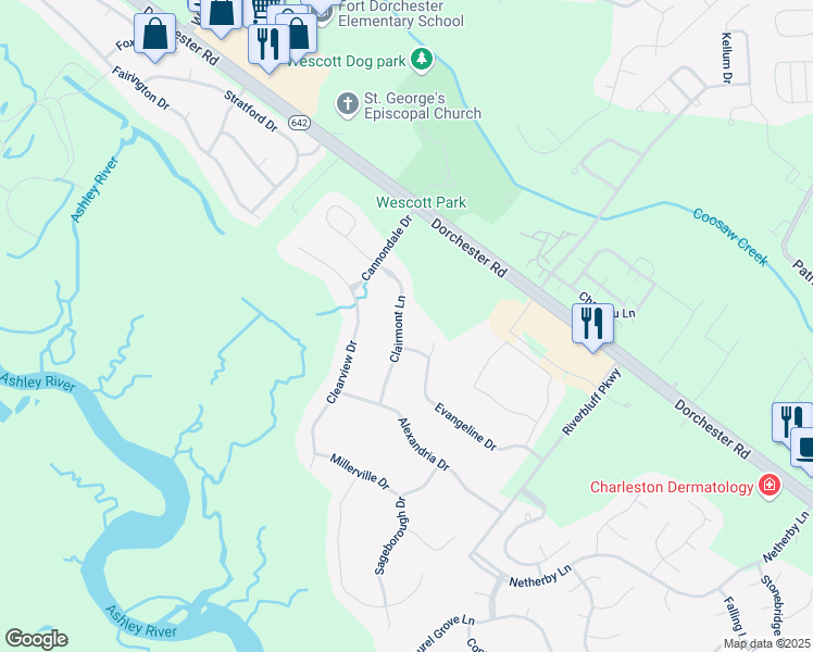 map of restaurants, bars, coffee shops, grocery stores, and more near 5441 Clairmont Lane in North Charleston