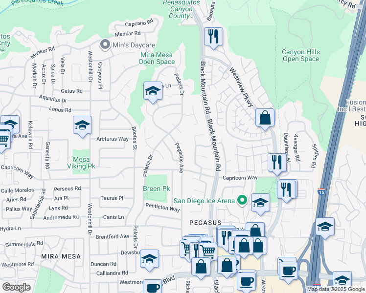 map of restaurants, bars, coffee shops, grocery stores, and more near 9125 Kensett Place in San Diego