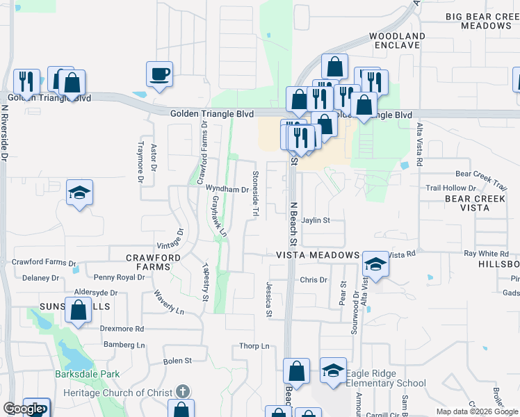 map of restaurants, bars, coffee shops, grocery stores, and more near 10516 StonesideTrail in Fort Worth