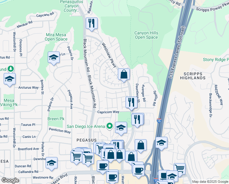 map of restaurants, bars, coffee shops, grocery stores, and more near 9483 Compass Point Drive South in San Diego