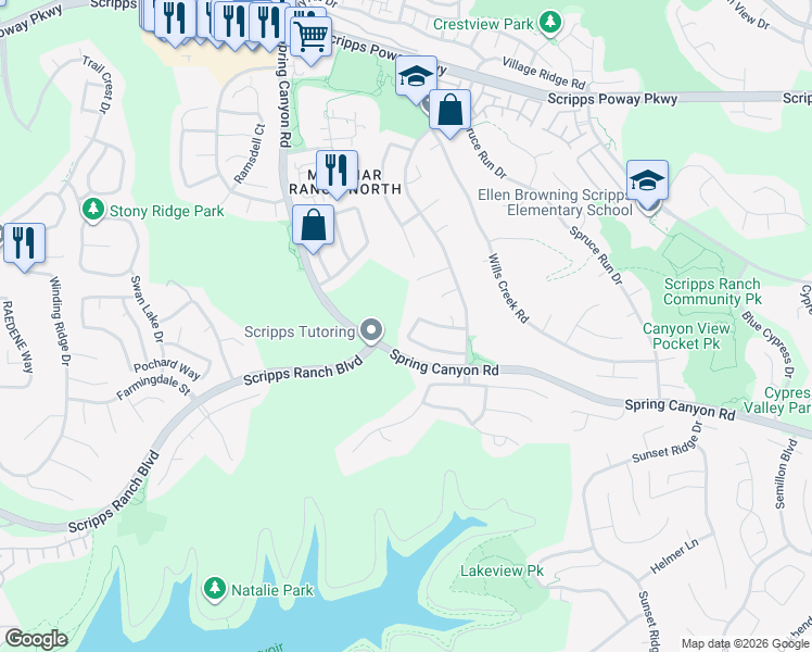 map of restaurants, bars, coffee shops, grocery stores, and more near 11420 Ann Arbor Lane in San Diego