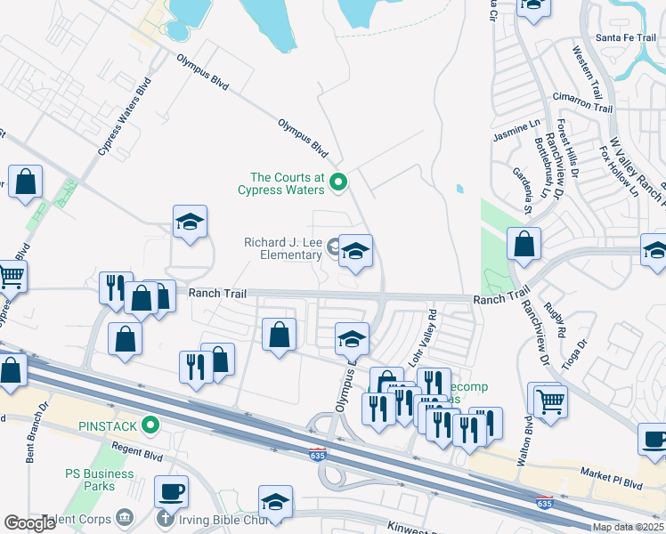 map of restaurants, bars, coffee shops, grocery stores, and more near 2501 Ranch Road in Sachse