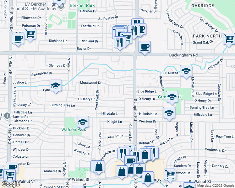 map of restaurants, bars, coffee shops, grocery stores, and more near 1605 Mosswood Way in Garland