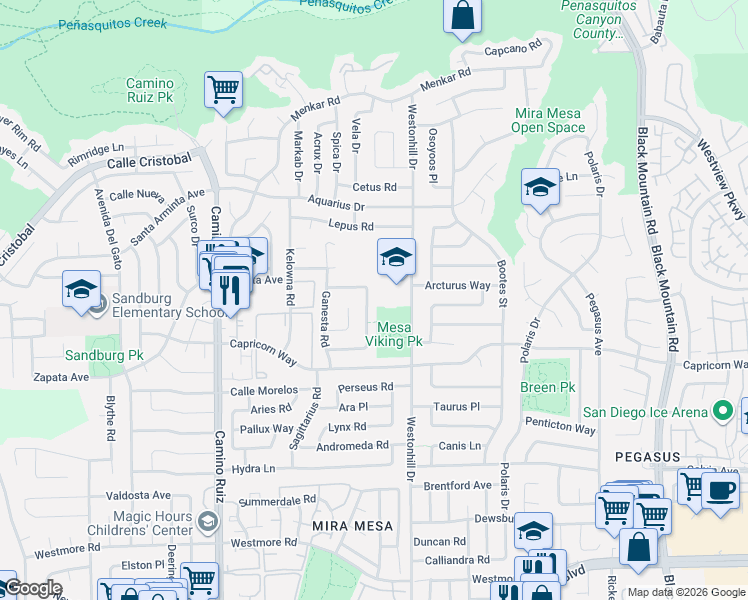 map of restaurants, bars, coffee shops, grocery stores, and more near 11275 Camarosa Circle in San Diego