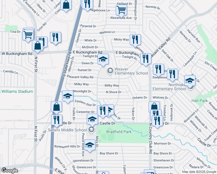 map of restaurants, bars, coffee shops, grocery stores, and more near 910 Milky Way in Garland