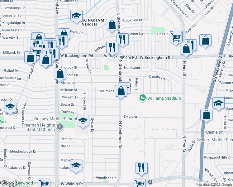 map of restaurants, bars, coffee shops, grocery stores, and more near 812 Melrose Street in Garland