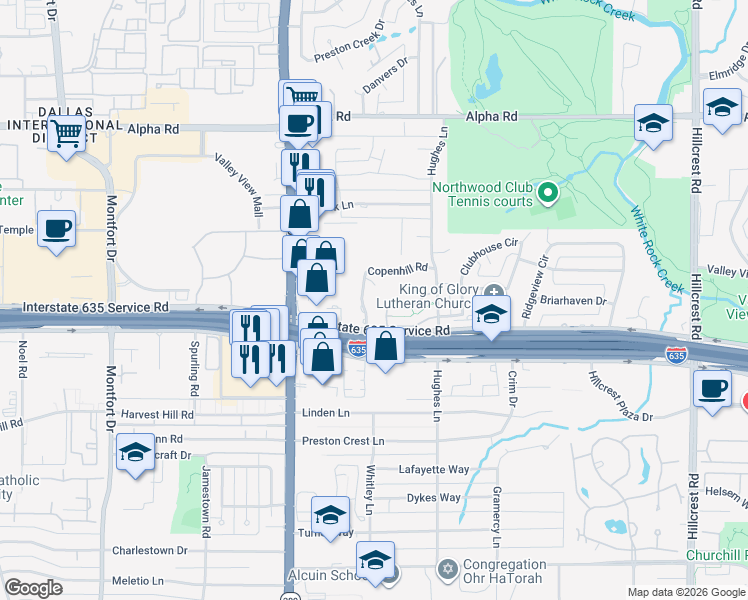 map of restaurants, bars, coffee shops, grocery stores, and more near 6201 Twin Oaks Circle in Dallas