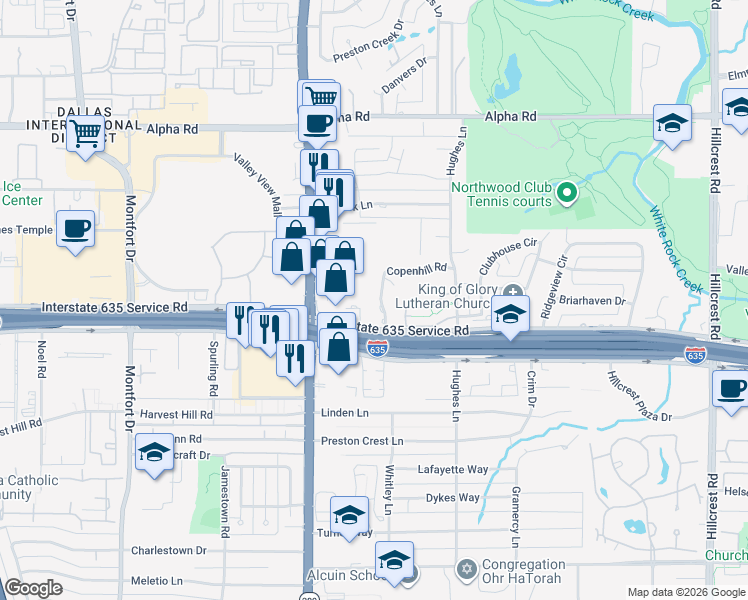 map of restaurants, bars, coffee shops, grocery stores, and more near 13033 Copenhill Road in Dallas