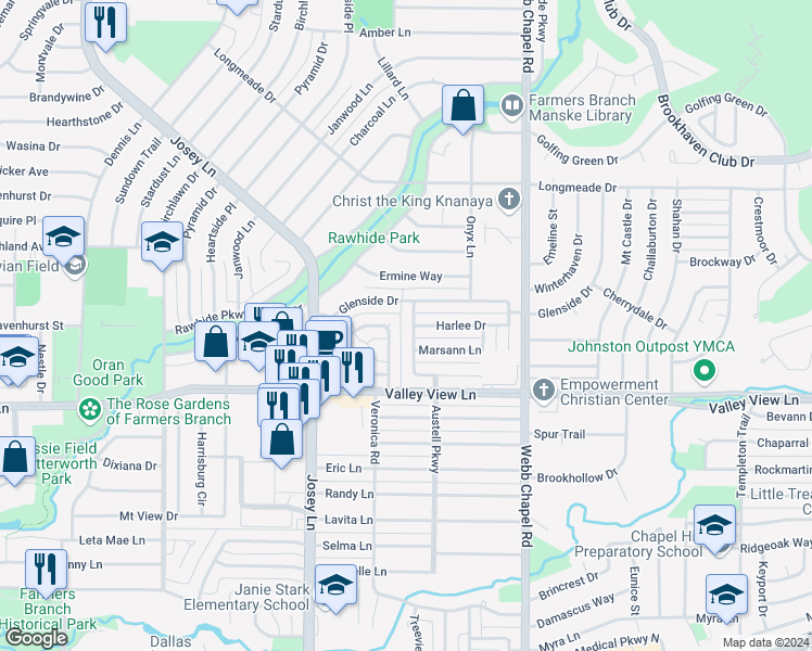 map of restaurants, bars, coffee shops, grocery stores, and more near 2906 Harlee Drive in Farmers Branch