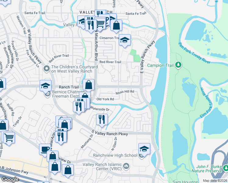 map of restaurants, bars, coffee shops, grocery stores, and more near 303 Moss Hill Road in Irving