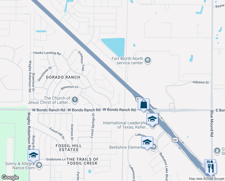 map of restaurants, bars, coffee shops, grocery stores, and more near 309 Delgany Trail in Haslet