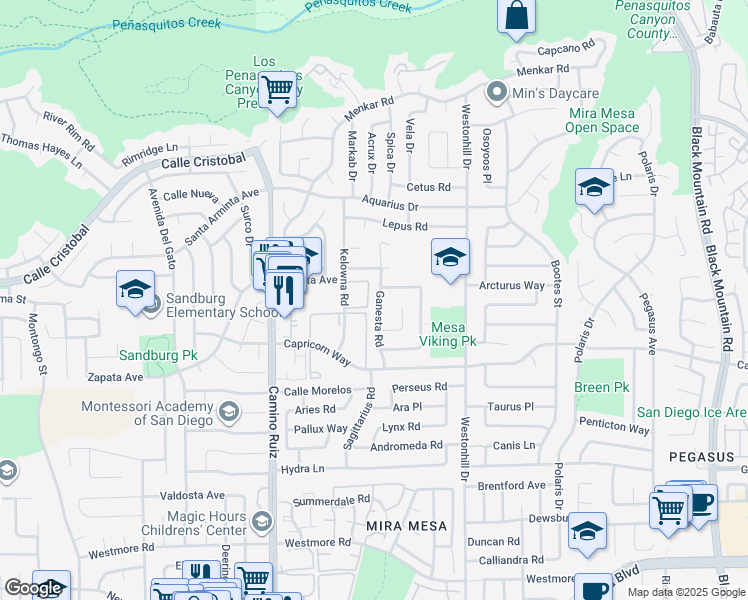 map of restaurants, bars, coffee shops, grocery stores, and more near 11214 Ganesta Road in San Diego