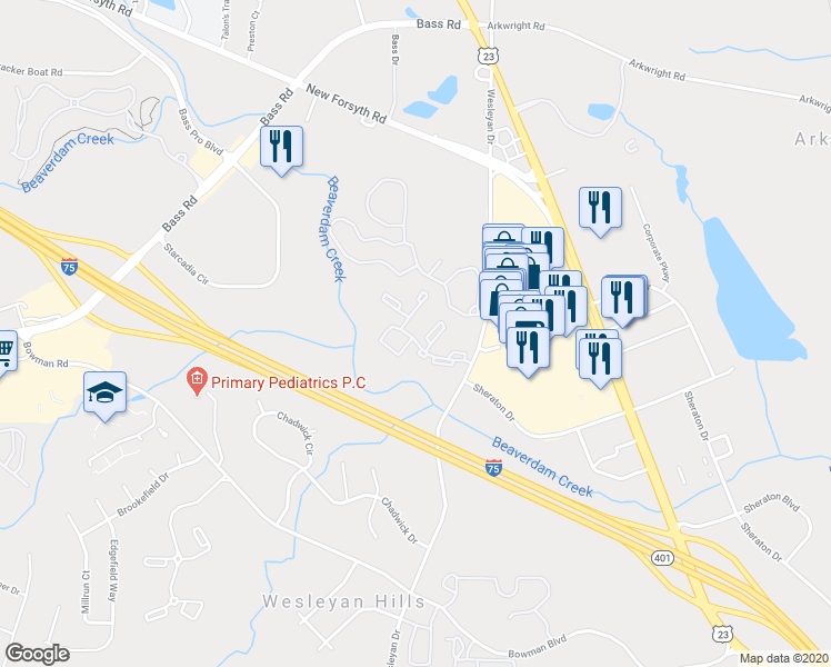 map of restaurants, bars, coffee shops, grocery stores, and more near 1800 Wesleyan Drive in Macon