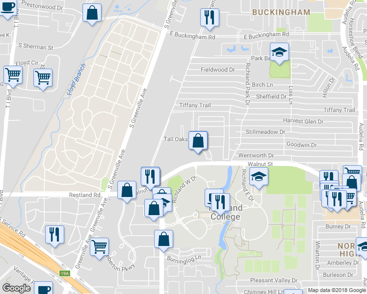 map of restaurants, bars, coffee shops, grocery stores, and more near 1219 Abrams Road in Richardson