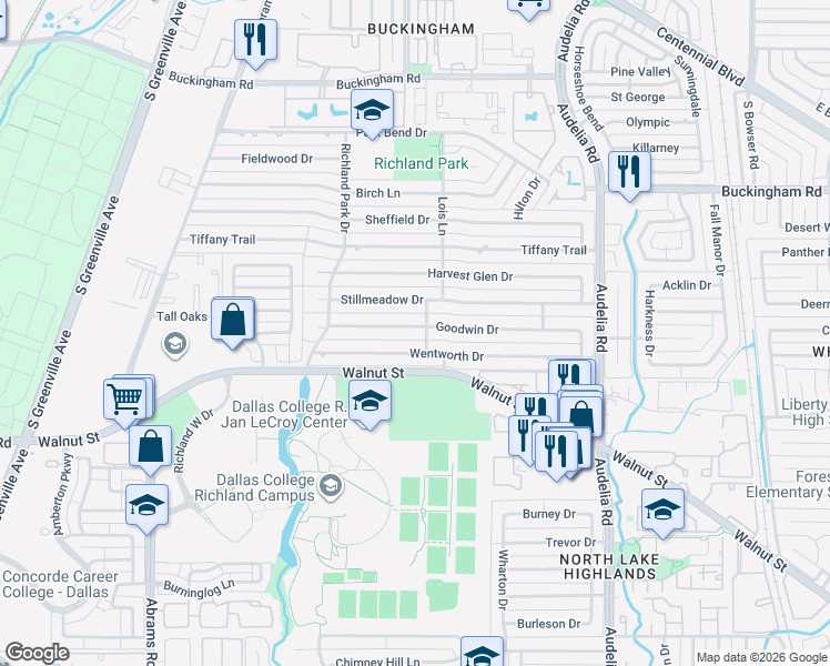 map of restaurants, bars, coffee shops, grocery stores, and more near 526 Goodwin Drive in Richardson