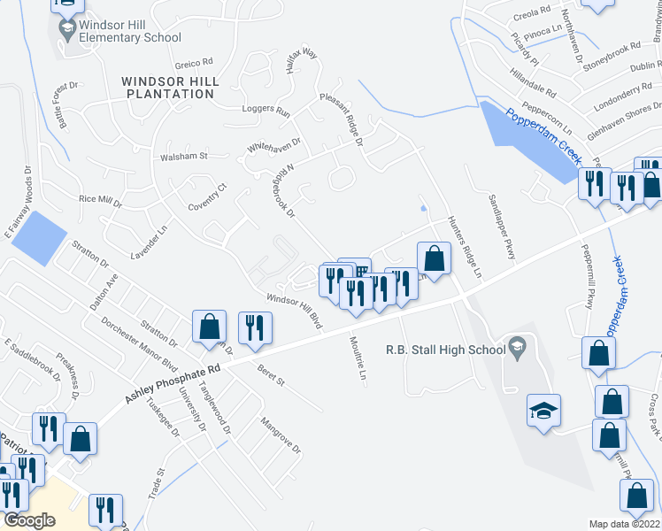 map of restaurants, bars, coffee shops, grocery stores, and more near 8119 North Ridgebrook Drive in Charleston