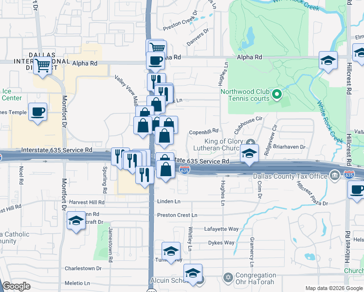 map of restaurants, bars, coffee shops, grocery stores, and more near 13033 Copenhill Road in Dallas
