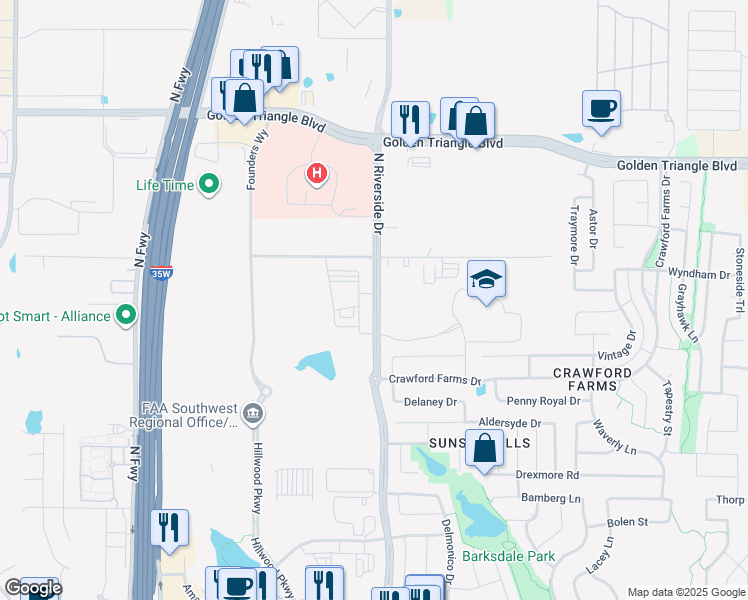 map of restaurants, bars, coffee shops, grocery stores, and more near 10401 North Riverside Drive in Fort Worth