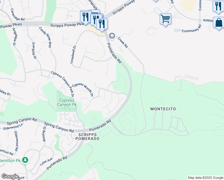 map of restaurants, bars, coffee shops, grocery stores, and more near 12740 Legacy Road in San Diego
