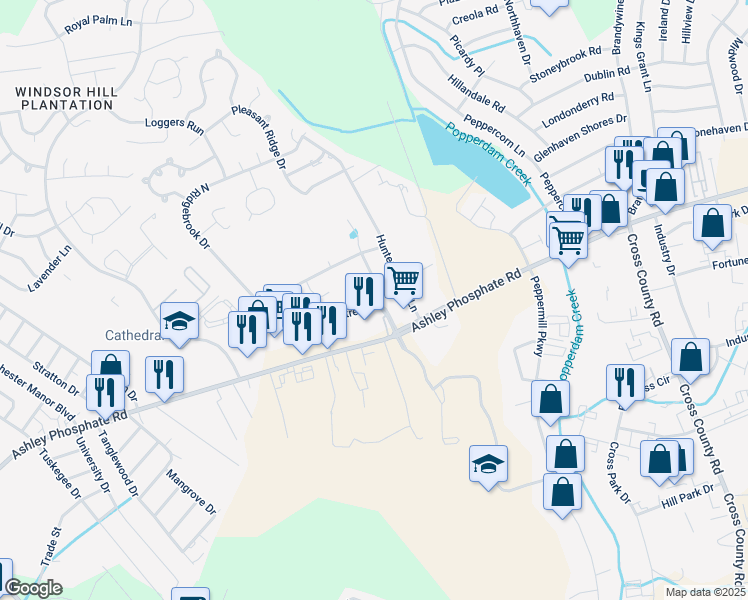 map of restaurants, bars, coffee shops, grocery stores, and more near 33 Peppertree Lane in Charleston