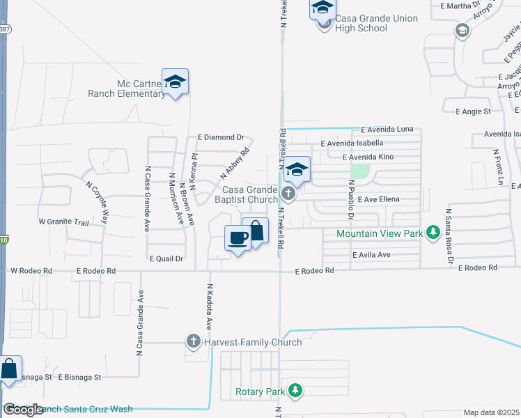 map of restaurants, bars, coffee shops, grocery stores, and more near 974 East Cactus Wren Drive in Casa Grande