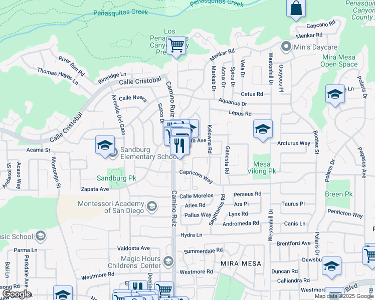 map of restaurants, bars, coffee shops, grocery stores, and more near 11313 Zapata Avenue in San Diego