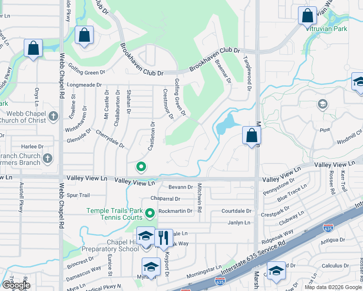 map of restaurants, bars, coffee shops, grocery stores, and more near 3517 Brookline Lane in Farmers Branch