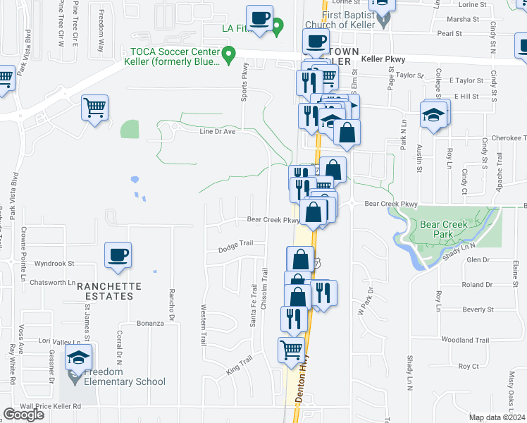 map of restaurants, bars, coffee shops, grocery stores, and more near 692 Chisolm Trail in Keller