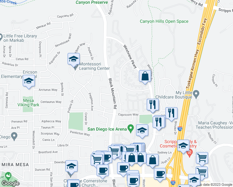 map of restaurants, bars, coffee shops, grocery stores, and more near 11458 Summershade Lane in San Diego