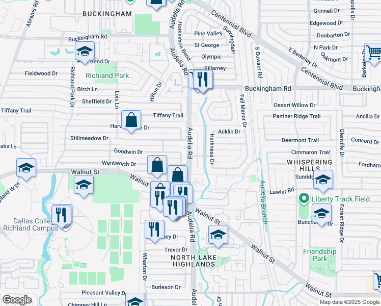 map of restaurants, bars, coffee shops, grocery stores, and more near 13136 Audelia Road in Richardson