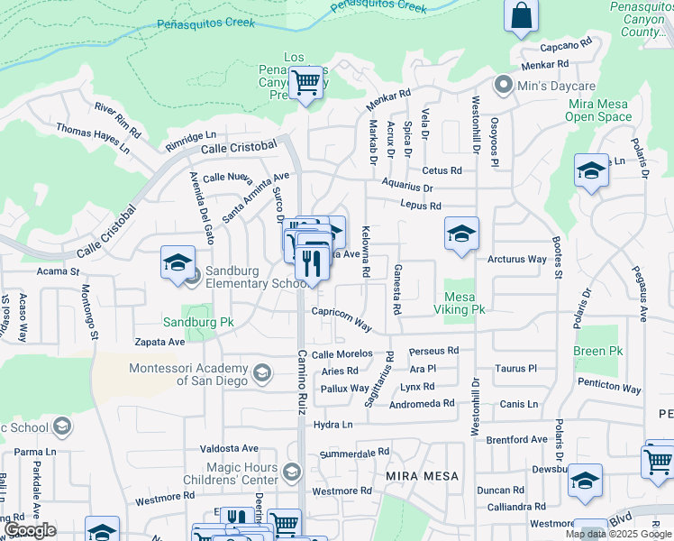map of restaurants, bars, coffee shops, grocery stores, and more near 11389 Zapata Avenue in San Diego