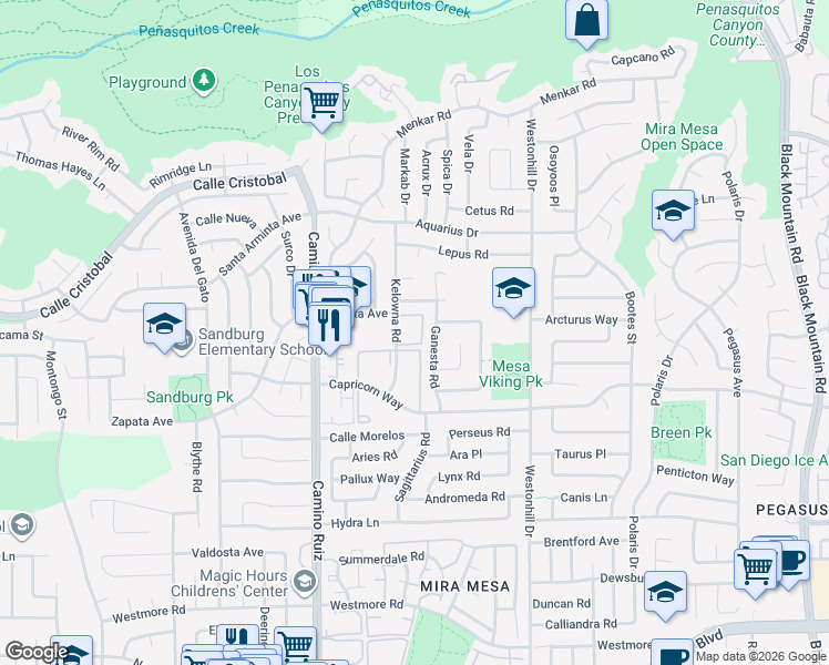 map of restaurants, bars, coffee shops, grocery stores, and more near 11214 Ganesta Road in San Diego