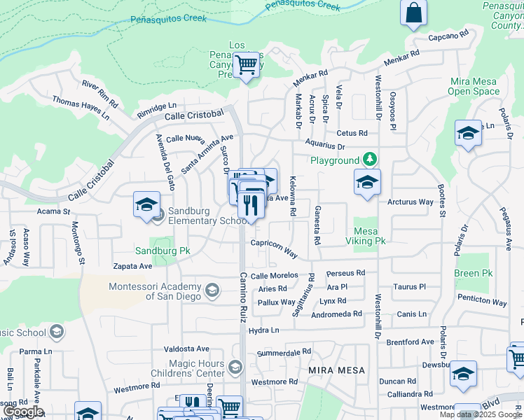 map of restaurants, bars, coffee shops, grocery stores, and more near 11389 Zapata Avenue in San Diego