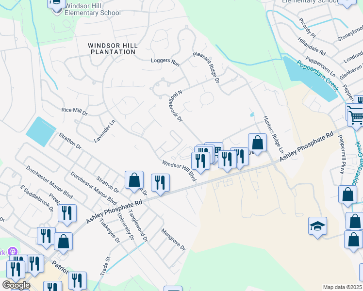 map of restaurants, bars, coffee shops, grocery stores, and more near 4079 Cedars Parkway in North Charleston