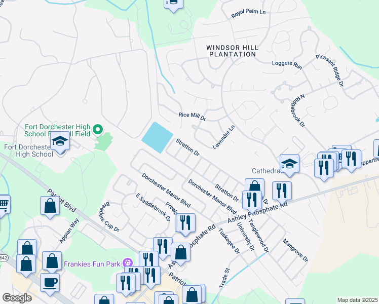 map of restaurants, bars, coffee shops, grocery stores, and more near 163 Stratton Drive in Charleston