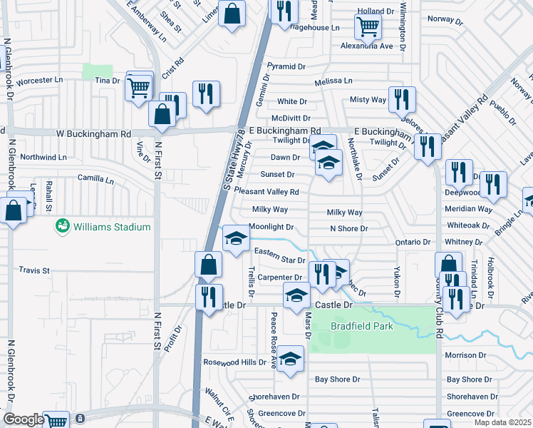 map of restaurants, bars, coffee shops, grocery stores, and more near 601 Moonlight Drive in Garland