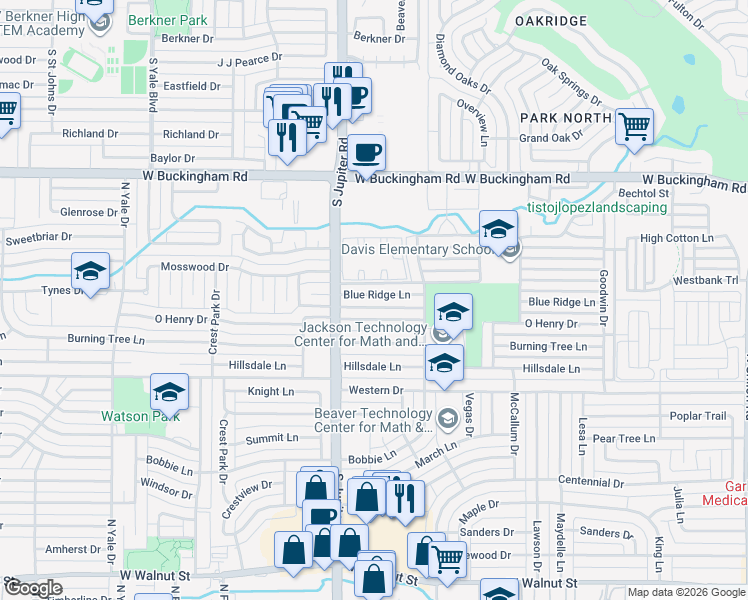 map of restaurants, bars, coffee shops, grocery stores, and more near 3330 Blueridge Lane in Garland