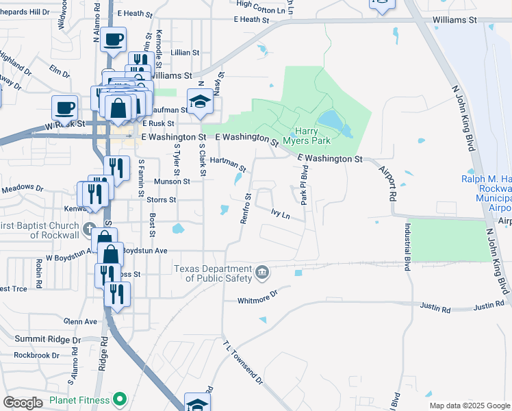 map of restaurants, bars, coffee shops, grocery stores, and more near 555 Ivy Lane in Rockwall