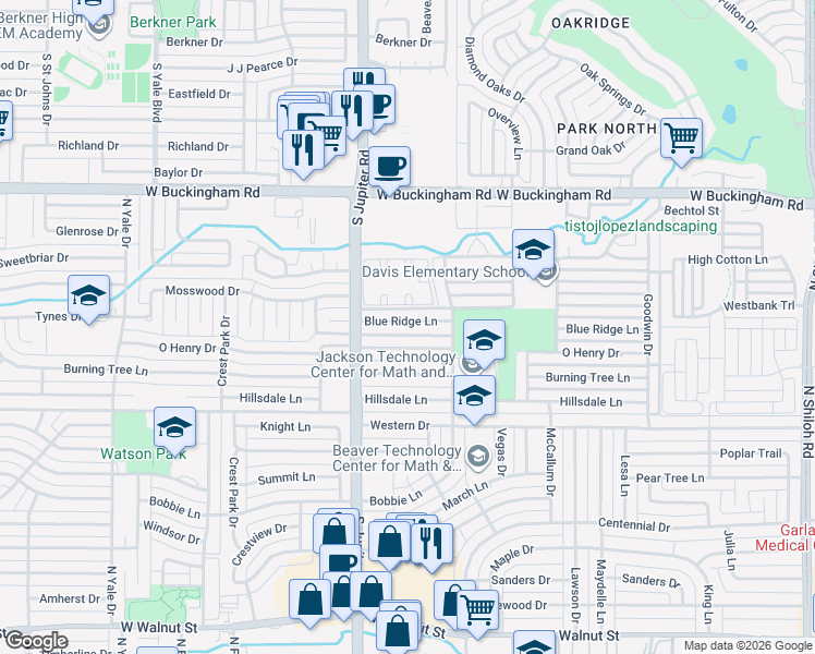 map of restaurants, bars, coffee shops, grocery stores, and more near 3330 Blueridge Lane in Garland