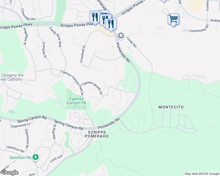 map of restaurants, bars, coffee shops, grocery stores, and more near 11390 Eastview Point in San Diego