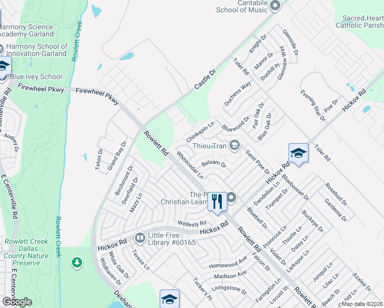 map of restaurants, bars, coffee shops, grocery stores, and more near 7601 Scarlet Oak Drive in Rowlett