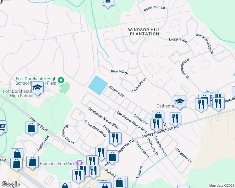 map of restaurants, bars, coffee shops, grocery stores, and more near 163 Stratton Drive in Charleston