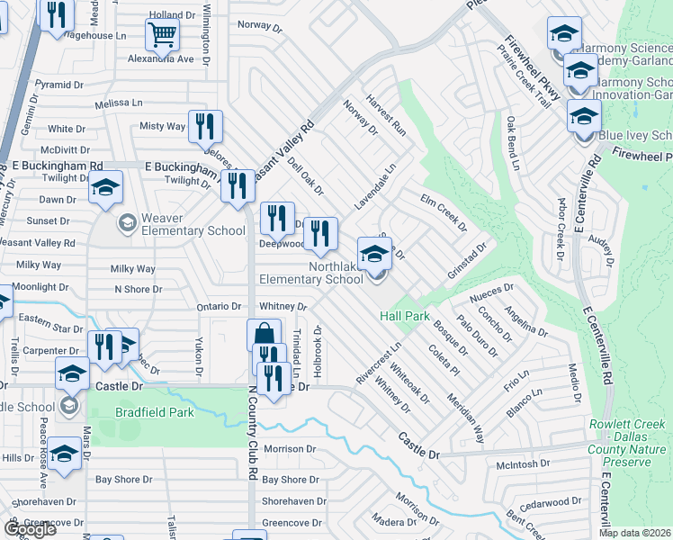 map of restaurants, bars, coffee shops, grocery stores, and more near 1601 Meridian Way in Garland