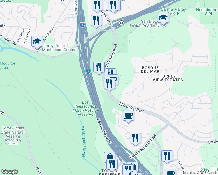 map of restaurants, bars, coffee shops, grocery stores, and more near 11375 El Camino Real in San Diego