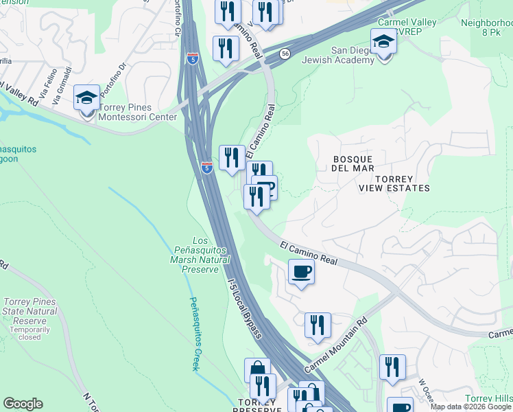 map of restaurants, bars, coffee shops, grocery stores, and more near 11375 El Camino Real in San Diego