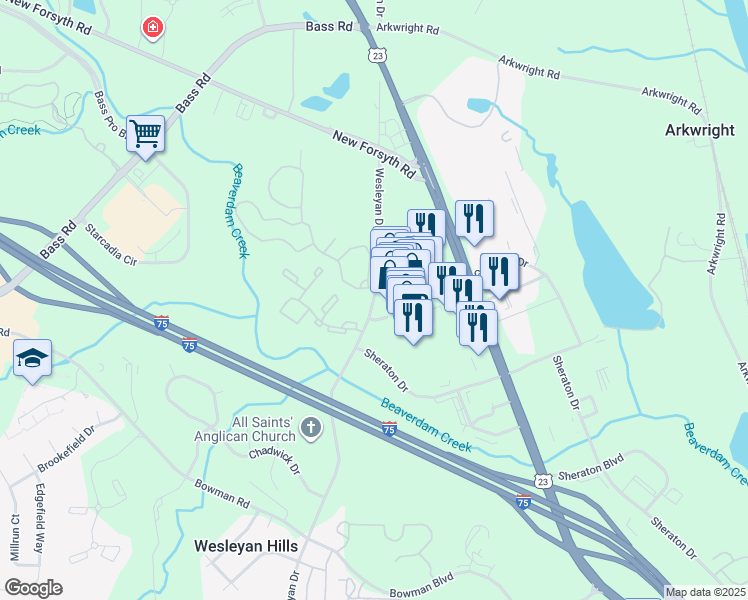 map of restaurants, bars, coffee shops, grocery stores, and more near 1814 Wesleyan Drive in Macon