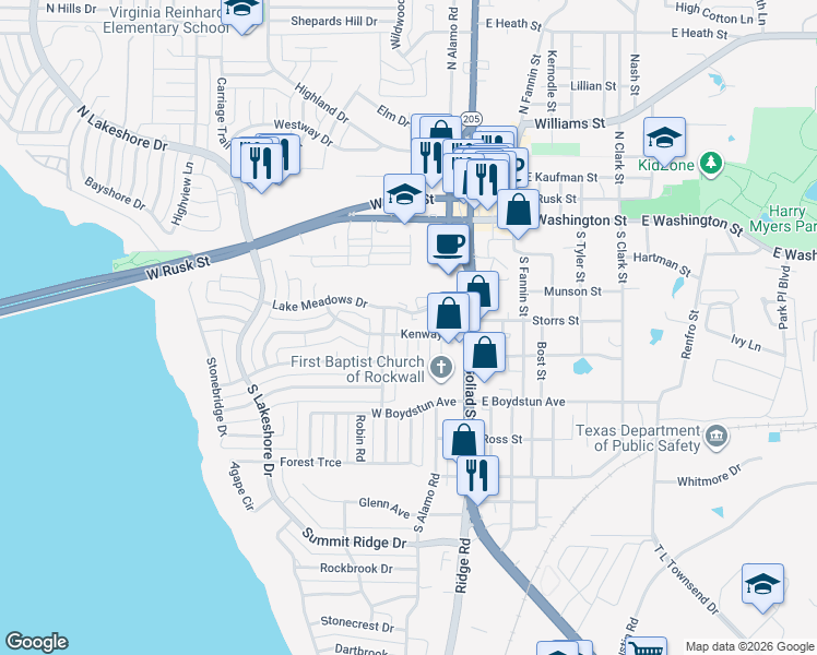 map of restaurants, bars, coffee shops, grocery stores, and more near 212 Kenway Street in Rockwall