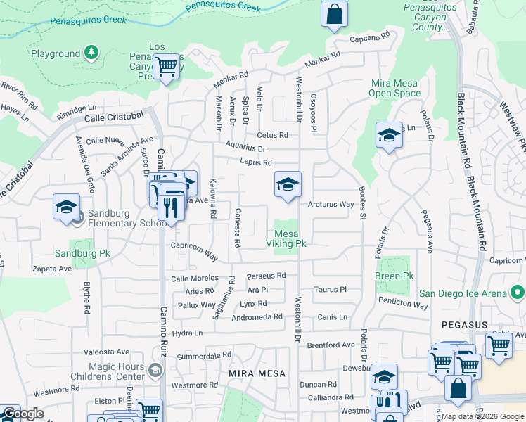 map of restaurants, bars, coffee shops, grocery stores, and more near 11284 Camarosa Circle in San Diego