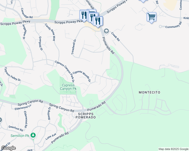 map of restaurants, bars, coffee shops, grocery stores, and more near 11410 Eastview Court in San Diego
